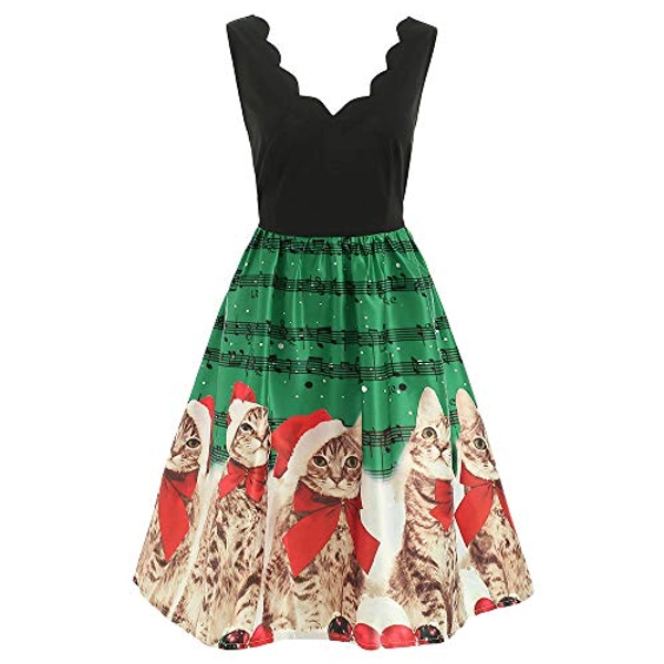 CHARMMA Women's Christmas Scalloped V Neck Sleeveless Music Note and Cat Print Dress