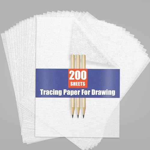 Transfer Paper Tracing Paper for Drawing Trace Paper - PSLER 200 Sheets White Translucent Tracing Paper with 3Pcs Pencil on Artist Lettering Sketch Drawing for Pencil Ink Markers A4 Size 8.5 X 11 Inch - White