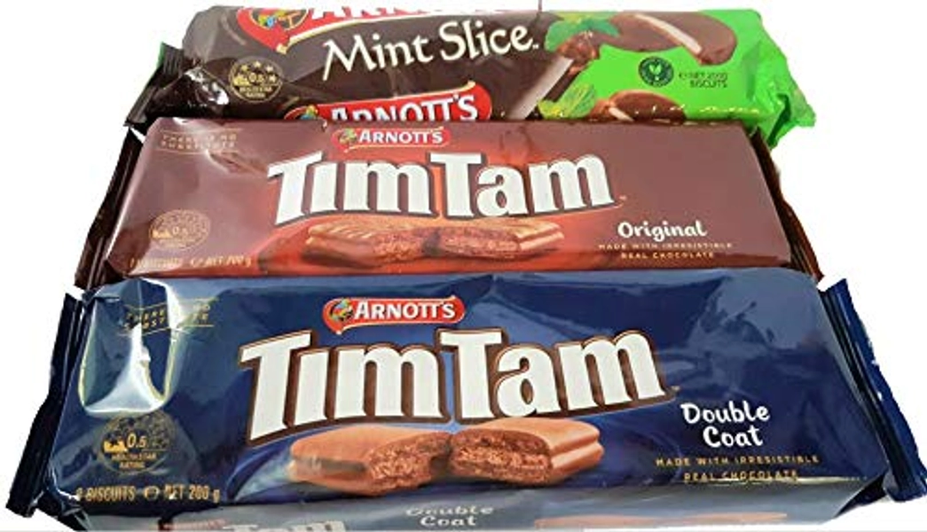 Arnott's Tim Tams and Mint Slice Biscuits 3 Pack. Australia's Favorite Chocolate Cookies/Biscuits. One Original and one Double Coat Tim Tams packets, and one Mint Slice Packet (3 Total).