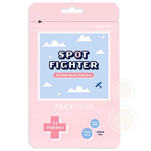 FACETORY AM Spot Fighter Acne Blemish Patches for Pimples- Invisible Spot Treating Patch for Morning and Daytime, 72 Hydrocolloid Patches Infused with Tea Tree and Cica, 2 Sizes 10mm and 12mm - 72 Piece Assortment