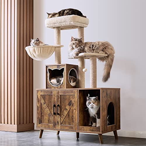 EnHomee Cat Litter Box Enclosure, Modern Cat Tree with Litter Box Enclosure, Box Hidden Furniture, Cute Cat Tower for Indoor Large Cats, Wood Cat Condo with Scratching Post and Hammock