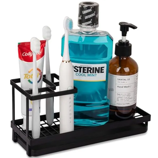 Toothbrush Holders for Bathrooms, Carbon Steel Tooth Brushing Holder Electric Toothbrush and Toothpaste Organizer Bathroom Accessories for Countertop, Shower, Sink - Matte Black