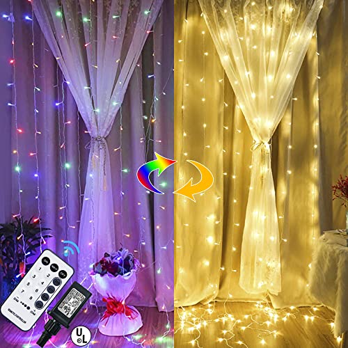 MAGGIFT 304 LED Curtain String Lights, 9.8 x 9.8 ft, Christmas Window Fairy RGB Color Changing Light 8 Modes & Remote, Backdrop for Indoor Outdoor Bedroom Wedding Decoration, Warm White & Multicolor - Warm White & Multicolor - 304 LED