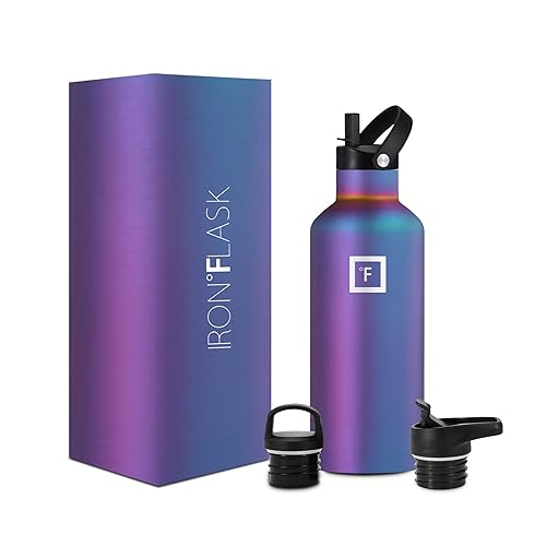 IRON °FLASK Camping & Hiking Hydration Canteens - 3 Lids (Narrow Straw Lid) Leak Proof Vacuum Insulated Stainless Steel - Hot & Cold Double Walled Sports Water Bottle - Aurora, 32 Oz - 32 Oz - Straw - Aurora