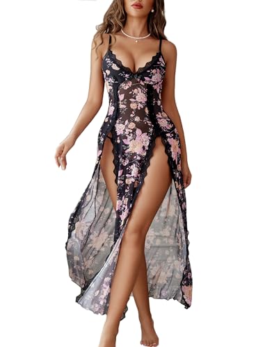 Avidlove Women Lingerie Lace Babydoll Chemise Sexy Mesh Nightdress V Neck Nightwear Side Split Nightgown - Black Print - Large