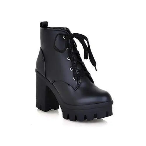 Chunky Square Heel Ankle Boots with Beautiful White Laces in Vegan Leather - Black / 10