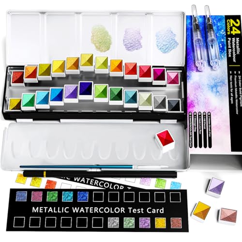 RATEL Metallic Watercolour Paint Set, Premium Glitter Watercolour Solid Paint Box, 24 Metallic Watercolour Paints, Soluble and Mix Well Watercolour Paints, for Kids, Beginner and Professional - 24 colors metallic pigments