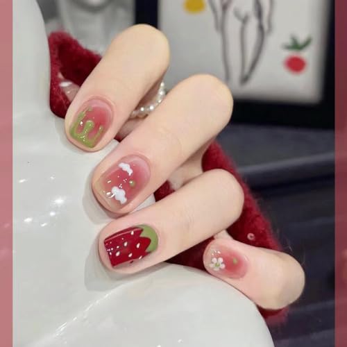 Press On Nails With Glue, Stick on Nails，Glue on Nails Fake False Nails，Short Blallet Square Shape on 24PCS for Women and Girls (Strawberry) - Strawberry