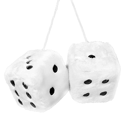 YGMONER Pair of Retro Square Mirror Hanging Couple Fuzzy Plush Dice with Dots for Car Interior Ornament Decoration (White) - White
