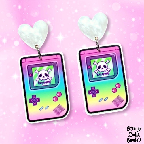 Cute Retro Gaming Skull Pastel Goth earrings, 925 sterling silver, Cute Pastel Spooky, Strange Dollz Boudoir