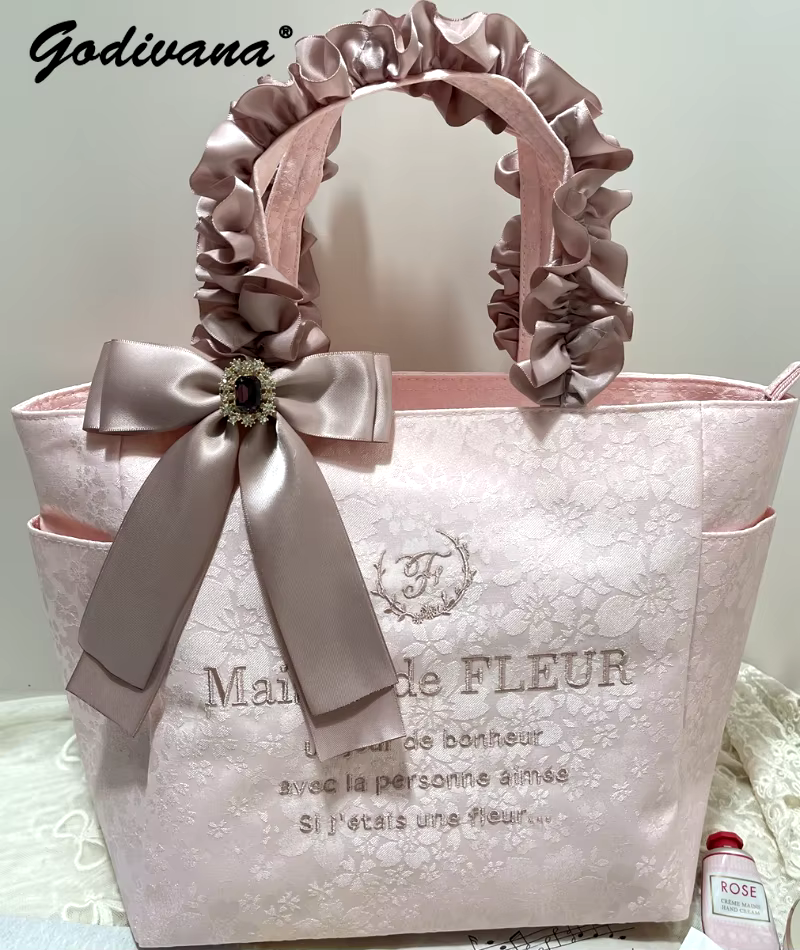Bolso de mano portátil con estampado de flores de cerezo para mujer, bolsa de hombro con volantes, bolsa de fiambrera, tela personalizada japonesa, Rosa - AliExpress 1524