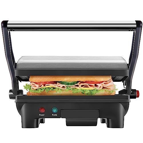 Chefman Electric Panini Press Grill and Gourmet Sandwich Maker w/ Non-Stick Coated Plates, Opens 180 Degrees to Fit Any Type or Size Food, Dishwasher Safe Removable Drip Tray, Stainless Steel/Black - 2 Slice