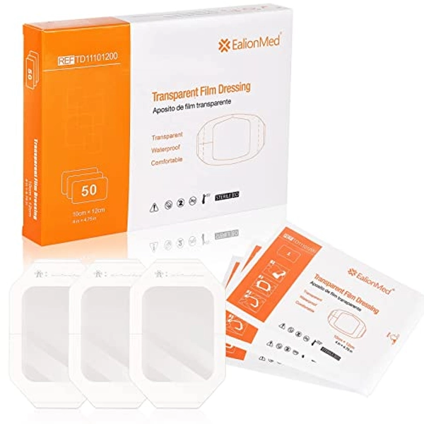 EalionMed Transparent Dressing, Wound Bandage, Adhesive Patch, 4'' x 4.75'', 50 Pack, Clear, Breathable, Comfortable, Shower Shield, Tattoo Bandage