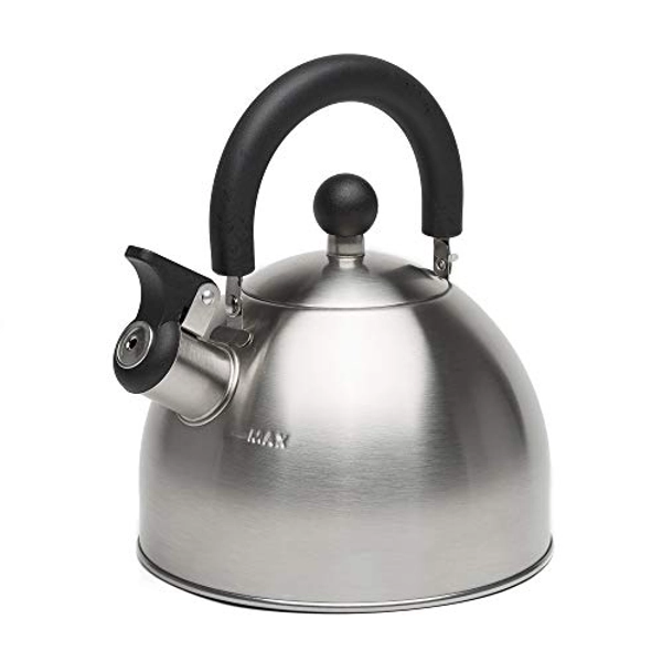 Primula Stewart Whistling Stovetop Tea Kettle Food Grade Stainless Steel, Hot Water Fast to Boil, Cool Touch Folding, 1.5-Quart, Brushed with Black Handle