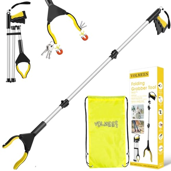 Volmees 43" Extra Long Grabber Reacher Tool, Grabbers for Seniors Grab it Reaching Tool w/Anti-Drop Cord, Lightweight Trash Grabber Pickup Tool 360°Rotating Jaw +Magnets, Heavy Duty Foldable Grabber