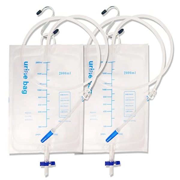 Urinary Drain Bags, 2000ml, Extra Large Extra Length Tubing, Unisex Emergency Medical Drainage Bags, Anti Reflux Valve, Metal Hook (2 Pack)