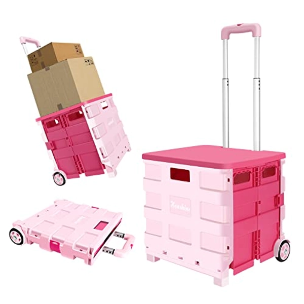 Honshine Collapsible Rolling Crate on Noiseless Wheels, Portable Utility Cart with 45L Large Volume & Telescoping Handle, Trolley Cart for Teacher Grocery File Tool Art Supplies (Pink)