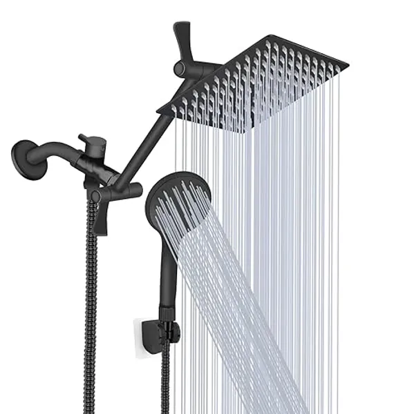 Shower Head 10‘’ High Pressure Rainfall Shower Head/Handheld Shower Combo with 11'' Extension Arm, 9 Settings Anti-leak Head with Holder, Height/Angle Adjustable, Chrome, Matte Black