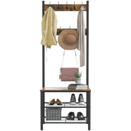 Yusong Hall Tree with Coat Hanger for Entryway Organizer, Industrial Coat Rack Stand Shoe Storage Bench with 2 Mesh Shelves for hallway, 3 in 1 Design, Easy to Assemble, Rustic Brown - Rustic Brown medium