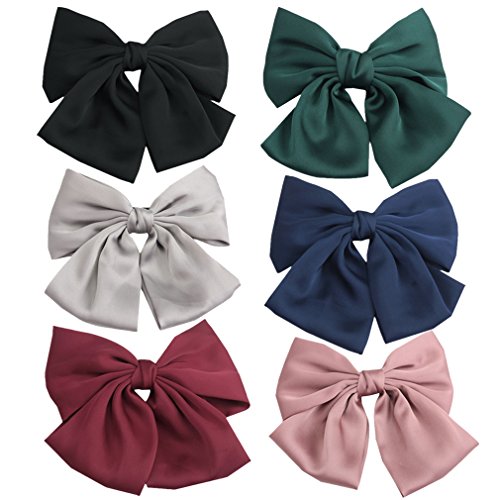 PIDOUDOU Set of 6 Big Satin Solid 8 Inch Bow Hair Clips Women Barrettes - 6 Pcs Satin Bow