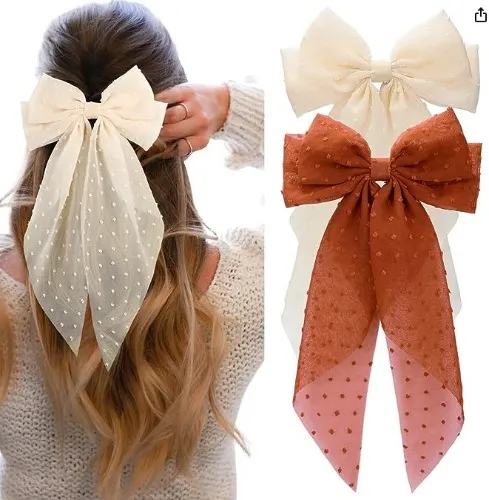 Hair Bow Clips for Women,CEELGON 2PCS Large Hair Bows for Girls French Barrette Bowknot with Long Tail for Women(Pink,Blue) - Coffee,Beige