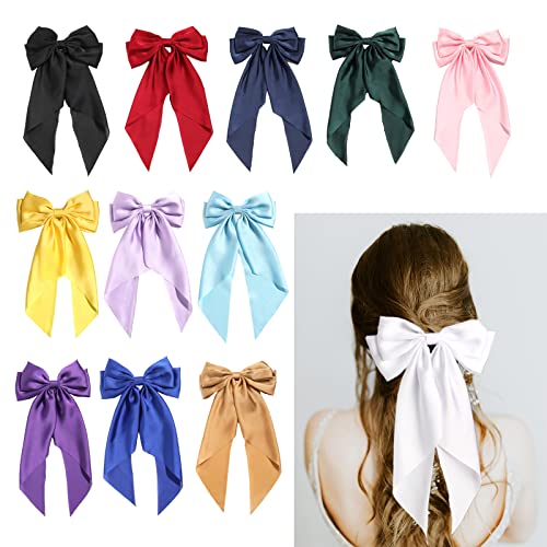 Satin Bow Hair Barrettes Clips for Women Girls Big Bows Hair Slides French Barrette with Long Tail Large Hair Ribbon Wedding Prom Party Hair Accessories Pack of 12 - 12 Colors