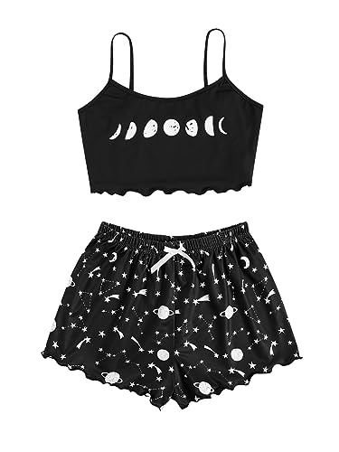SOLY HUX Women's Cartoon Print Lettuce Trim Cami Top and Shorts Cute Pajama Set Sleepwear - Medium - Black Star Moon