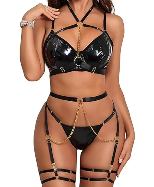 RSLOVE Women's Lingerie Sets with Garter Belts 6 Piece Sexy Strappy Bra and Panty Set - XL - Gloss Black