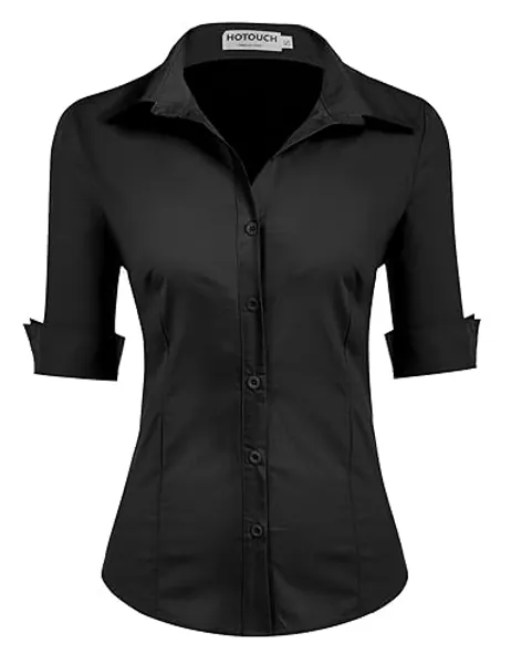 HOTOUCH Womens Blouse Cotton Shirt 3/4 Sleeve Formal Work Ladies Office Shirt Basic Fitted Shirts Button Placket Tops Short Sleeve V-Neck Top XS-XXL - XL - Black