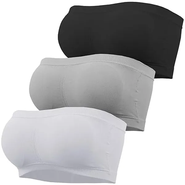 GXIN 3 Piece Women Bandeau Bra Padded Strapless Bras Seamless Ladies Bralette Bandeau Tube Top - Standard - L - Black, White, Grey