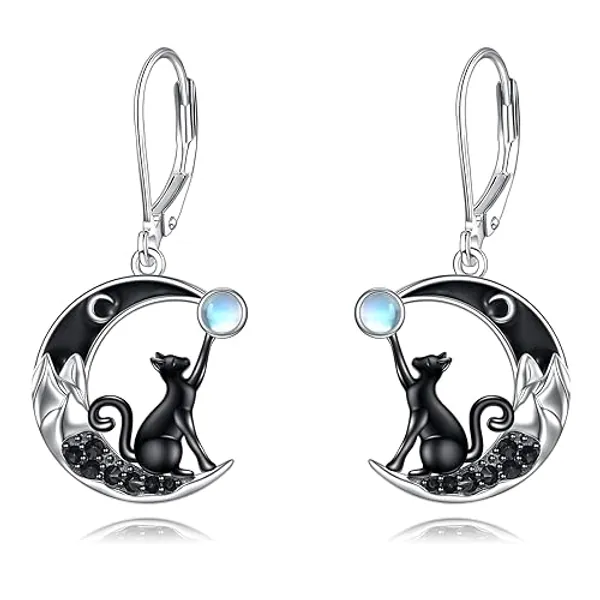 YFN Cat Earrings for Girls Sterling Silver Cat on the Celtic Moon Dangle Earrings Gifts for Women Mother Daughter - mountain