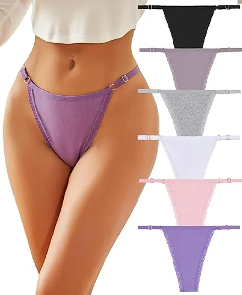 BeReady Cotton Thongs for Women Sexy G String Thongs Adjustable Women's Knickers Lace Female Underwear Multipack Pack of 6 - XL - A-6 Pack