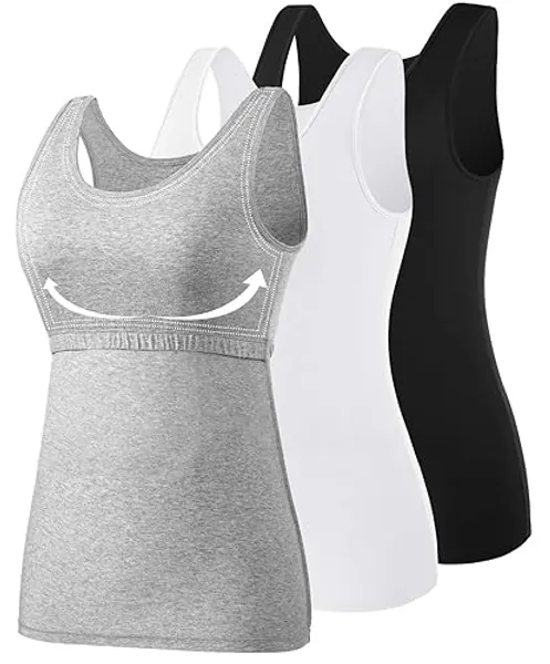 Vislivin Cotton Tank Tops with Shelf Bra for Women Stretch Tanks Wide Strap Undershirts - XL - 3 Pack-black/White/Gray