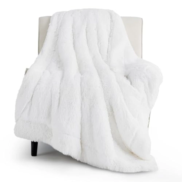 Bedsure Faux Fur White Throw Blanket for Couch – Soft, Fuzzy, Fluffy, and Shaggy White Blanket, Warm and Thick Sherpa, Decorative White Throw Gift, Throw Blankets for Sofa, Bed, 50x60 Inches, 640 GSM