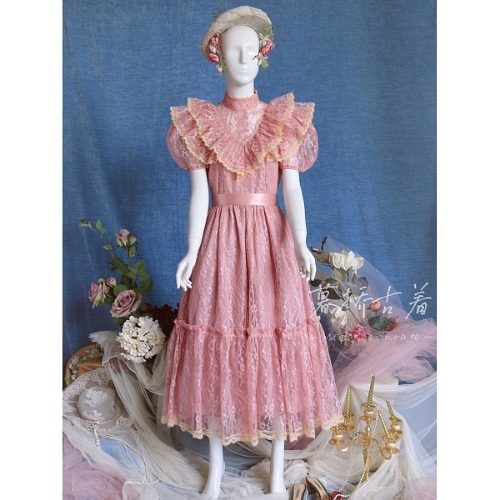 [$119.60]Ono Lisa Vintage Victoria Stand Collar Short Lantern Sleeves Ruffled Lace Long Dress