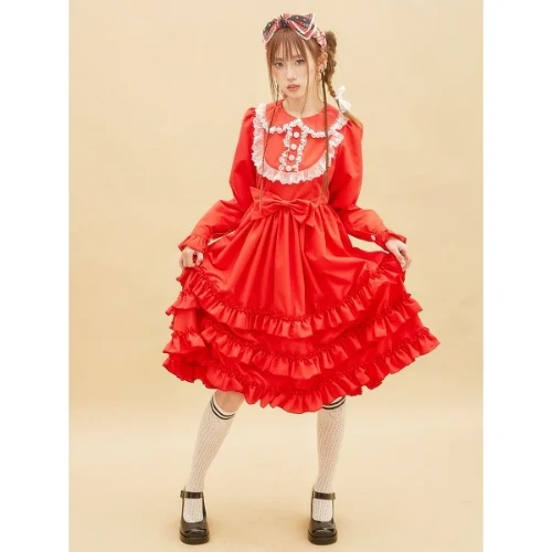 [$79.75]Red Peter Pan Collar Tiered Ruffles Dress