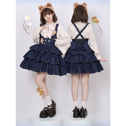 [$104.75]Navy Blue Floral Embroidery Denim Overalls with Little Bear Brooches