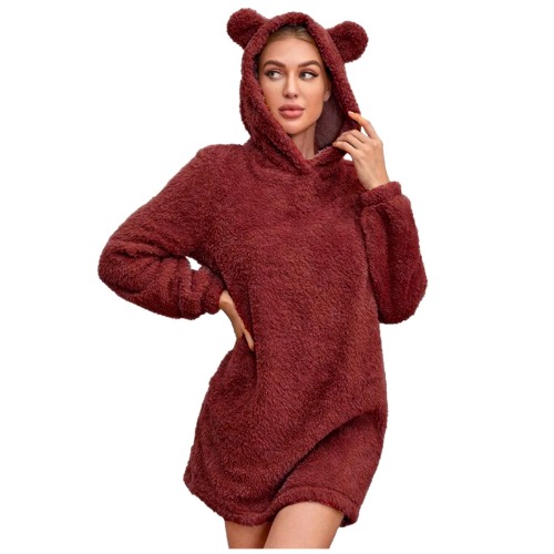 Fleece Sherpa Jackets for Women Warm Coats Cute Brown Bear Overcoat Plush Pullover Sweaters Dresses Home Casual Outwear - Red XX-Large
