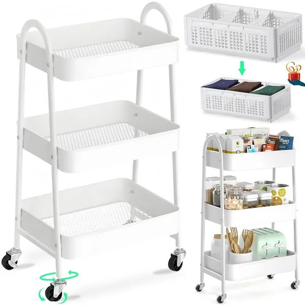 Carro de almacenaje metálico de 3 Niveles, Organizador de almacenaje Multifuncional, Carro de almacenaje con Ruedas para Dormitorio, salón, Cocina, baño, Oficina（Blanco, negro, rosa, verde） (Blanco)