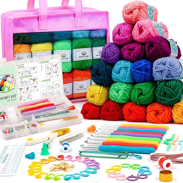 Crochet Kit 75 Piezas, Juego de Ganchos Crochet Incluye Ganchillos para Principiantes, Estambre para Crochet Ideal para Cualquier Tipo de Patrón e Hilado, Textiles Hechos a Mano, Fiesta, Cumpleaños - 19 Hilados