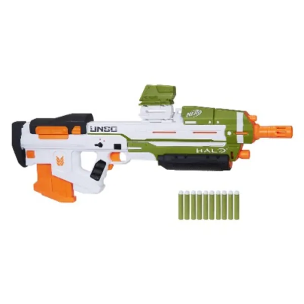 Nerf Halo MA40 Motorised Dart Blaster – Includes Removable 10-Dart Clip, 10 Official Nerf Elite Darts and Attachable Rail Riser
