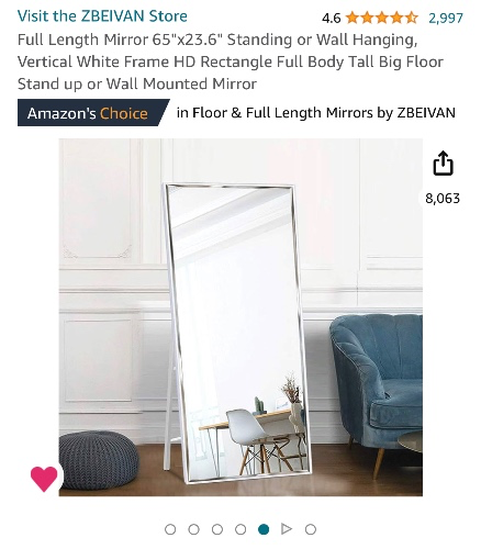 Full Length Mirror 65"x23.6" Standing or Wall Hanging, Vertical White Frame HD Rectangle Full Body Tall Big Floor Stand up or Wall Mounted Mirror - White - 65"x23.6"