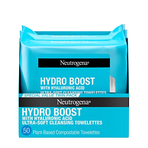 Neutrogena Hydro Boost Facial Cleansing Towelettes + Hyaluronic Acid, Hydrating Makeup Remover Face Wipes Remove Dirt & Waterproof Makeup, Hypoallergenic, 100% Plant-Based Cloth, 2 x 25 ct - Hydroboost - 25 Count (Pack of 2)