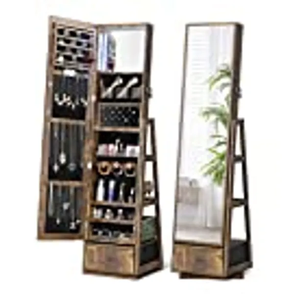 Nicetree 360° Swivel Jewelry Cabinet with Lights, Touch Screen Vanity Mirror, Rotatable Full Length Mirror with Jewelry Storage, Locking Jewelry Armoire Organizer, Foldable Makeup Shelf, Rustic Brown