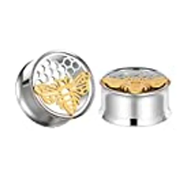 Pierced Republic Honey Bee & Comb Ear Gauges - Pair of Stainless Steel Flared Ear Plugs - 8 Size Options