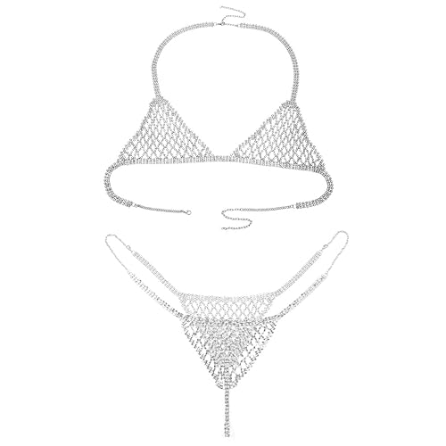 Ingemark Statement Crystal Bikini Rhinestone Chain for Women Top Bra Llingerie Set Brief - Silver