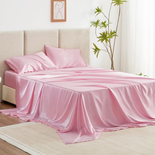 Love's cabin Twin Satin Sheets Sets - 3 Piece Pink Silky Satin Bed Sheets Twin with Deep Pockets, Luxury Silk Feel Satin Twin Size Sheet Set Bedding Set (1 Flat Sheet,1 Fitted Sheet,1 Pillow case) - Twin - Pink.