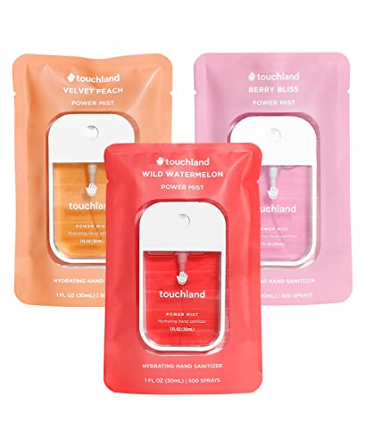 Touchland Power Mist Hydrating Hand Sanitizer Spray, JUICY 3-PACK (Watermelon, Peach, Berry), 500-Sprays each, 1FL OZ Travel Size (Set of 3) - Juicy 3-pack - 1 Fl Oz (Pack of 3)