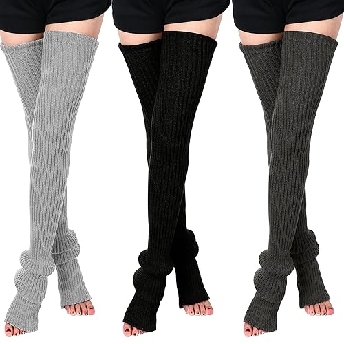 SATINIOR 3 Pairs Thigh High Leg Warmers Knit Long Leg Warmers Warm Sweater for Women Footless Socks - Black, Dark Grey, Light Grey