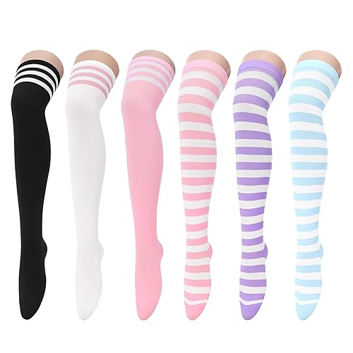 Zando 6 Pairs Striped Thigh High Socks for Women Striped Knee High Socks Thigh Highs Cosplay Stockings Programming Socks - One Size - B Colored Stripes*6